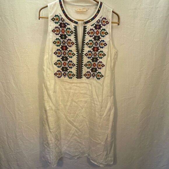 Tory Burch White Embroidered Sleeveless Linen Boho Mini Shift Dress Size Small - Picture 2 of 12
